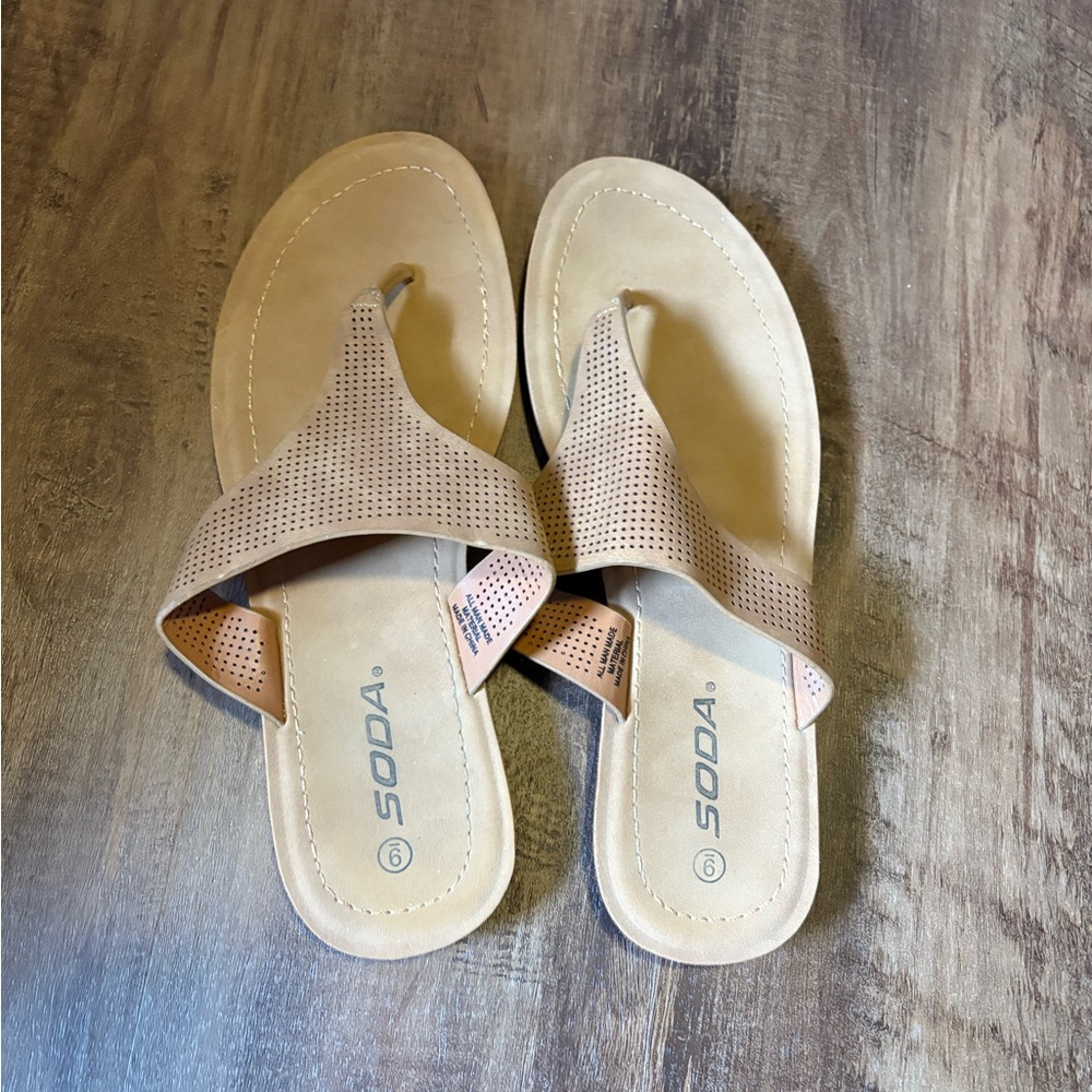Soda Tan Sandals Thong Style with Textured Footbed